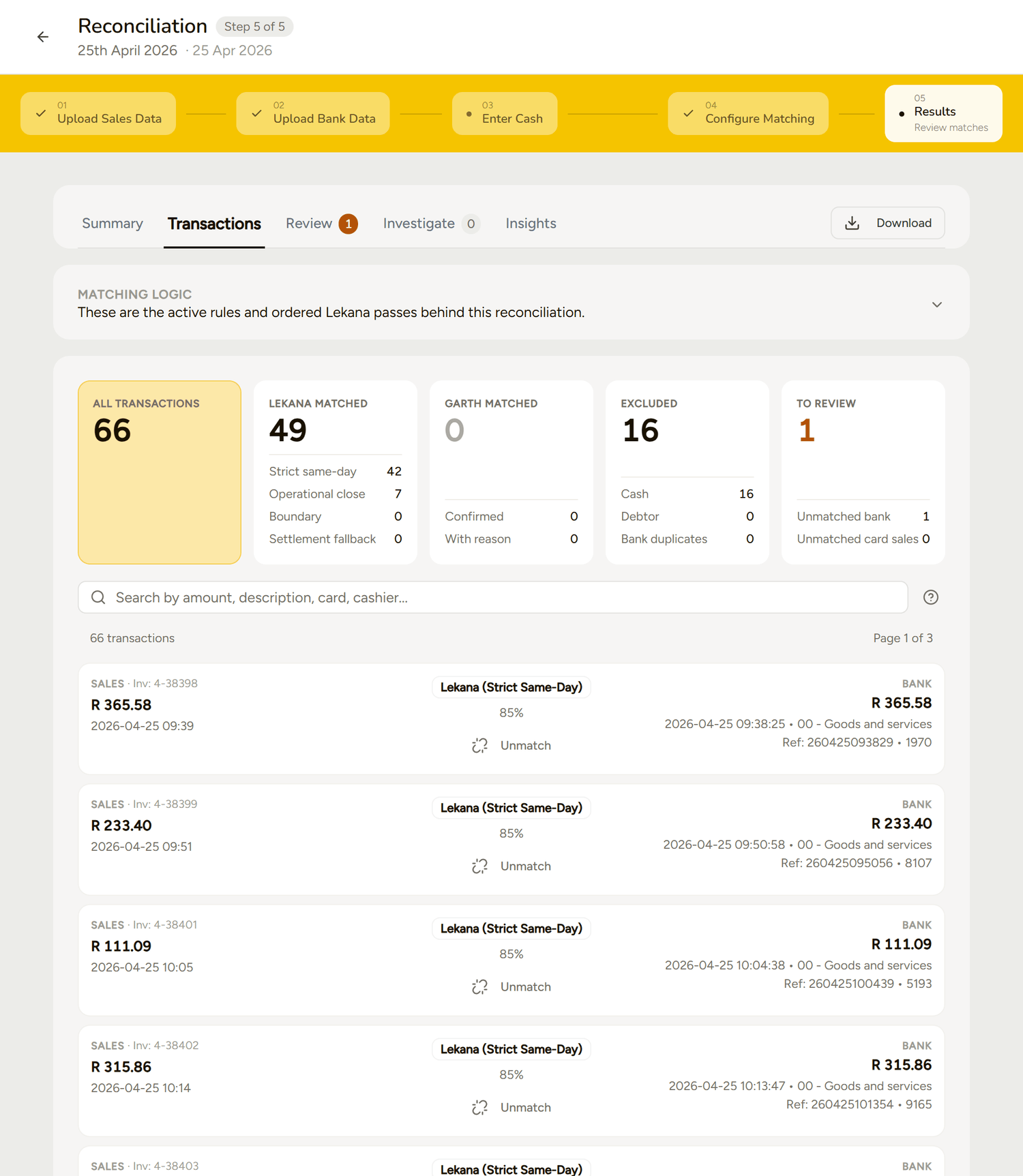 A retail transaction list on Lekana, in till and cashier language