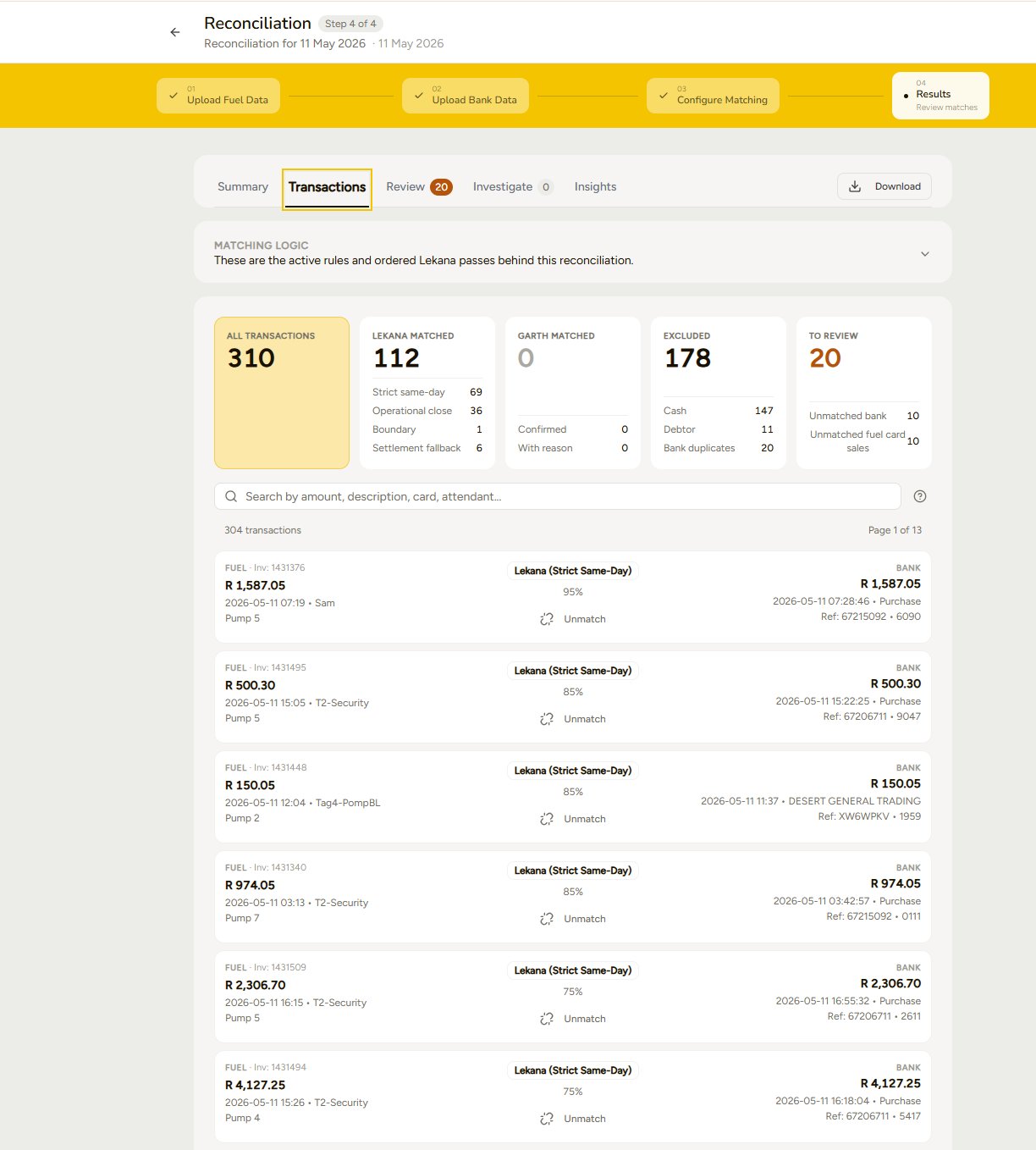 The lekana Transactions tab